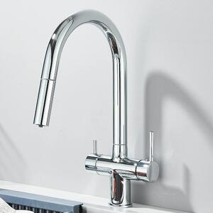 Rubinetto da cucina - Rubinetto per lavello con filtro - Doccetta estraibile - Erogatore separato per acqua potabile - Caldo/freddo - A due manopole - Ottone - Cromo