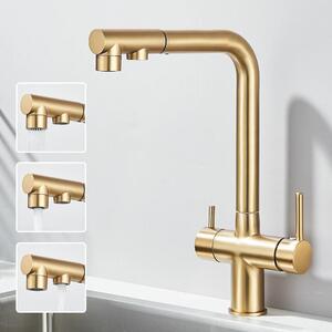 Rubinetto da cucina per acqua filtrata - Doccetta estraibile - Orientabile a 360° - Miscelatore a due manette - Acqua calda/fredda - Installazione a 1 foro - Oro spazzolato
