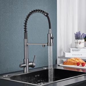 Rubinetto da cucina - Per acqua filtrata - Miscelatore a due manopole caldo/freddo - Doccetta estraibile - Acciaio inossidabile, cartuccia in Vetroceramica - Grigio canna di fucile
