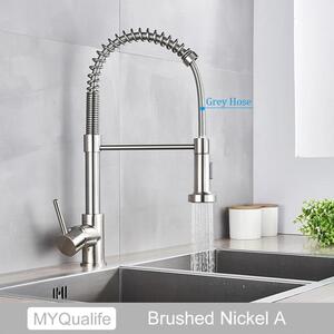 Rubinetto da cucina - Modello a molla per lavello - Monocomando - Acqua calda/fredda - Montaggio a incasso a 1 foro - Ottone, orientabile - Tubo flessibile grigio spazzolato