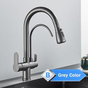 Rubinetto da cucina - Rubinetto con beccuccio filtrante - Orientabile a 360° - Acqua calda/fredda - A due maniglie - Acciaio inossidabile - Grigio