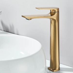Rubinetteria per bagno - Rubinetto per lavabo - Modello alto - Miscelatore monocomando - Acqua calda e fredda - Cartuccia in Vetroceramica - Montaggio a vista - 1 foro - Oro spazzolato