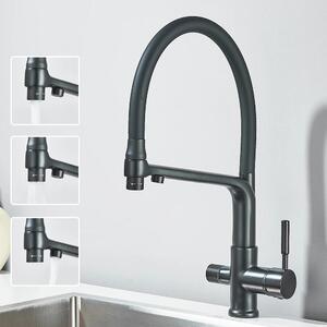 Rubinetto da cucina - Rubinetto 2 in 1 - Bocchello per acqua filtrata - A due maniglie - Orientabile a 360° - Doccetta estraibile - Montaggio monoforo - Nero opaco