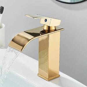 Rubinetto per lavabo da bagno - Miscelatore monocomando a cascata - Modello corto - Montaggio monoforo - Acqua calda/fredda - Oro lucido