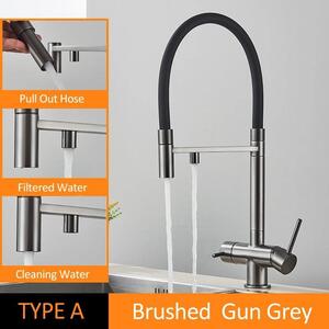 Rubinetto da cucina - Rubinetto con filtro a 3 vie - Acqua calda/fredda, doppia maniglia, doccetta estraibile, montaggio monoforo, ottone, cartuccia in Vetroceramica - Grigio spazzolato