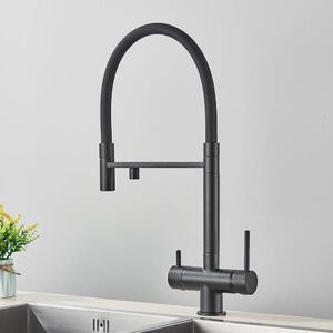 Rubinetto da cucina per acqua filtrata - Miscelatore 2 in 1 - Doccetta estraibile - Orientabile a 360° - Due maniglie - Montaggio monoforo - Ottone - Nero opaco