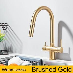 Rubinetto da cucina - Miscelatore caldo/freddo - Orientabile a 360° - A due maniglie - Montaggio a filo - A foro singolo - Cartuccia in Vetroceramica - Ottone - Oro spazzolato