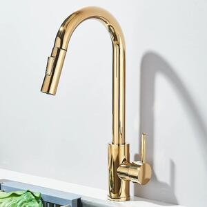 Rubinetto da cucina - Rubinetto estraibile - Doccetta a scomparsa - 2 tipi di getto - Miscelatore monocomando - Acqua calda e fredda - Montaggio a incasso a 1 foro - Acciaio inossidabile - Finitura oro lucido