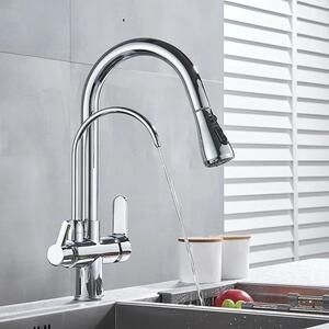 Rubinetto da cucina con filtro per l'acqua - Miscelatore estraibile a due maniglie - Acqua calda e fredda - Montaggio a foro singolo - Cartuccia in Vetroceramica - Orientabile a 360° - Cromo