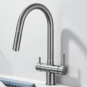 Rubinetto da cucina per acqua potabile filtrata - Rubinetto da lavello - Doccetta estraibile - 2 maniglie caldo/freddo - Montaggio a foro singolo - Ottone, cartuccia in Vetroceramica - Grigio scuro spazzolato