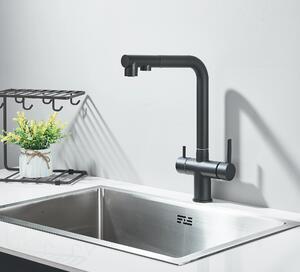 Miscelatore da lavello con filtro - Miscelatore da cucina estraibile - Acqua calda e fredda - Orientabile a 360° - Due maniglie - Installazione monoforo - Bocca per acqua filtrata - Nero opaco