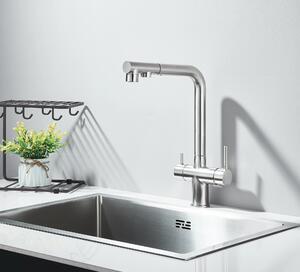 Rubinetto da cucina - Miscelatore estraibile - Acqua calda e fredda - Bocca con filtro - Orientabile a 360° - Monoforo, doppia maniglia - Nichel spazzolato