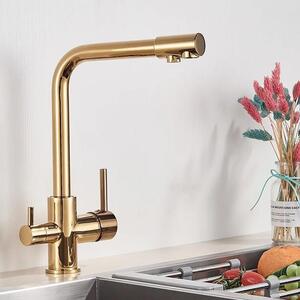 Rubinetto da cucina - Rubinetto per lavello - A due manopole - Acqua calda e fredda - Bocca per acqua filtrata - Montaggio monoforo - Ottone - Cartuccia in Vetroceramica - Oro