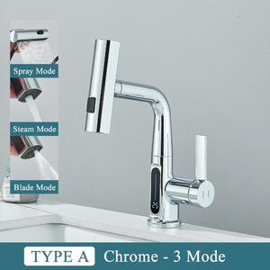 Rubinetto per lavabo - Miscelatore monocomando monoforo - Indicatore digitale della temperatura - 2 modalità: a cascata/a getto - Acqua calda/fredda - Cartuccia in Vetroceramica - Cromo