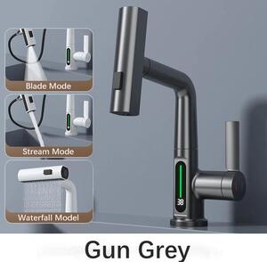Rubinetto da cucina - Miscelatore estraibile - Display digitale - Bocca a cascata - Orientabile a 360° - Monocomando caldo/freddo - Montaggio a incasso a 1 foro - Grigio canna di fucile