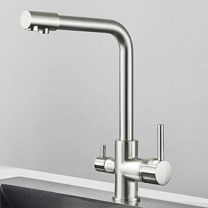 Rubinetto da cucina - Rubinetto con filtro per acqua potabile - 2 maniglie, caldo e freddo, montaggio monoforo, bocca orientabile, cartuccia in Vetroceramica, ottone - nichel spazzolato