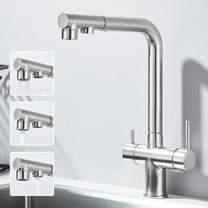 Rubinetto per lavello - Rubinetto con filtro a 3 vie - Doccetta estraibile - Orientabile a 360° - Acqua calda e fredda - Doppia maniglia - Monoforo, montaggio a filo - Nichel spazzolato