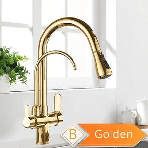 Rubinetto da cucina - Rubinetto a 3 vie - Per acqua filtrata - Orientabile a 360° - Acqua calda e fredda - Due maniglie - Acciaio inossidabile - Oro