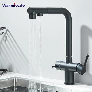 Rubinetto da cucina con filtro - Rubinetto per lavello - Miscelatore caldo/freddo - Doccetta estraibile - Orientabile a 360° - Montaggio a incasso su piano - A due maniglie - Acciaio inossidabile - Nero