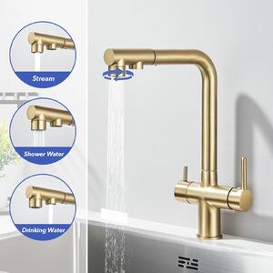 Rubinetto da cucina - A scomparsa con filtro - Miscelatore per acqua calda e fredda - A due maniglie - Orientabile a 360° - Monoforo, montaggio a filo - Oro spazzolato