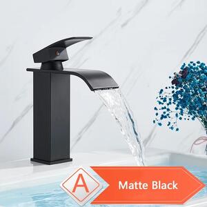 Rubinetto per lavabo - Modello a cascata - Montaggio a colonna - Miscelatore monocomando - 1 foro - Cartuccia in Vetroceramica - Acqua calda e fredda - Nero opaco