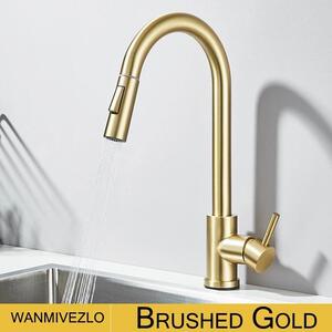 Rubinetto da cucina - Rubinetto estraibile per lavello - Orientabile a 360° - Miscelatore monocomando - Acqua calda/fredda - Installazione a foro singolo - Cartuccia in Vetroceramica - Oro spazzolato