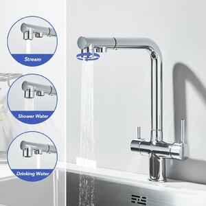 Rubinetto da cucina con filtro - Rubinetto estraibile - Acqua calda e fredda, 2 maniglie, monoforo, ottone, cartuccia in Vetroceramica, orientabile a 360° - Rosso bordeaux