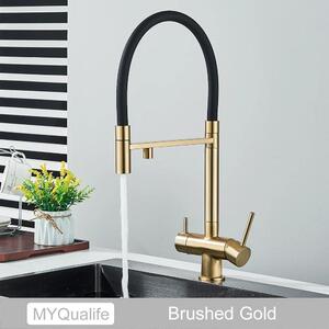 Rubinetto da cucina - Rubinetto estraibile per lavello - Acqua potabile filtrata - Doppia manopola - Caldo e freddo - Monoforo, montaggio a filo - Cartuccia in Vetroceramica - Ottone - Oro spazzolato