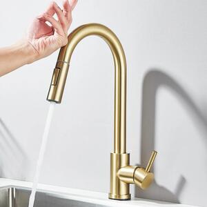 Rubinetto da cucina - Rubinetto con sensore tattile - Doccetta estraibile - Orientabile a 360° - Miscelatore monocomando - Montaggio monoforo - Acciaio inossidabile - Valvola in Vetroceramica - Oro spazzolato