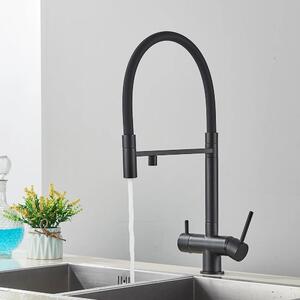 Rubinetto da cucina - Doccetta estraibile - Doppia manopola caldo/freddo - Acqua potabile filtrata - Ottone, montaggio su piano di lavoro a 1 foro - Nero opaco