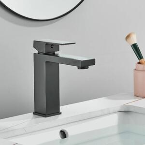 Rubinetto per lavabo - Modello corto - Montaggio a colonna, monoforo - Miscelatore monocomando caldo/freddo - Acciaio inossidabile - Cartuccia in Vetroceramica - Design squadrato - Nero opaco