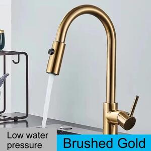 Rubinetto da cucina - Rubinetto estraibile per lavello - Miscelatore caldo/freddo - Doccetta estraibile - Monocomando - Montaggio a incasso a 1 foro - Per bassa pressione dell'acqua - Oro spazzolato