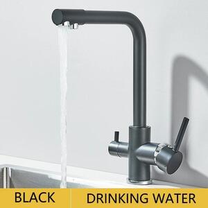 Rubinetto da cucina con filtro per l'acqua potabile - Rubinetto a 3 vie - Acqua calda e fredda, due maniglie, bocca orientabile, corpo in ottone, cartuccia in Vetroceramica - Nero