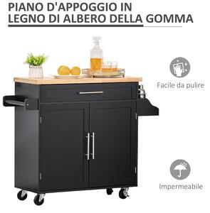 HOMCOM Carrello da Cucina con Cassetto, Portaspezie e Armadietto, 4 Ruote e Piano di Lavoro in Legno, 109x40x89cm, Nero