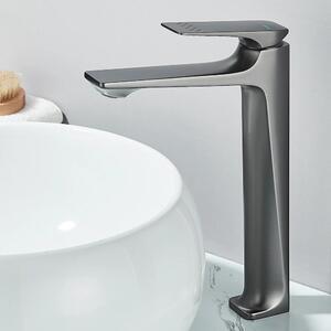Rubinetto per lavabo - Modello alto con bocca a cascata - Monocomando - Acqua calda e fredda - Cartuccia in Vetroceramica - Montaggio a incasso su piano - Grigio chiaro