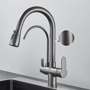 Rubinetto da cucina - Rubinetto con filtro a tre vie - Doccetta estraibile - Orientabile a 360° - Acqua calda/fredda, due maniglie - Cartuccia in Vetroceramica - Ottone - Grigio canna di fucile