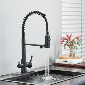 Rubinetto da cucina - Miscelatore a 2 maniglie - Per acqua potabile filtrata - Doccetta estraibile - Montaggio a 2 fori - Acciaio inossidabile, cartuccia in Vetroceramica - Orientabile - Nero