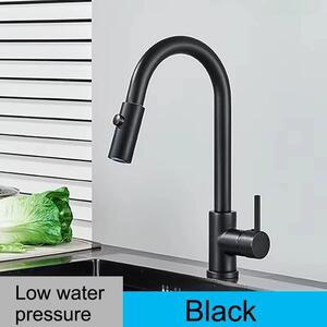 Miscelatore per cucina - Miscelatore a bassa pressione - Ugello girevole a 360° con due getti - Doccetta estraibile - Montaggio su un foro - Acciaio inossidabile - Nero DY A