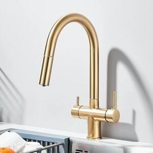 Rubinetto da cucina - Filtro/acqua potabile 2 in 1 - Doccetta estraibile - Miscelatore a due manette - Montaggio a foro singolo - Acciaio inossidabile, cartuccia in Vetroceramica - Oro spazzolato