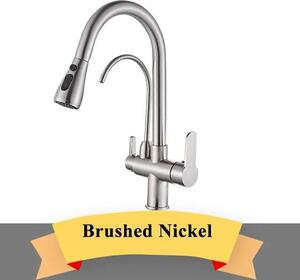 Rubinetto da cucina/lavello - 5-J2Z - Due maniglie - Doccetta estraibile - Acqua calda/fredda - Montaggio monoforo - Bocca orientabile - Ottone, cartuccia in Vetroceramica - Nichel spazzolato