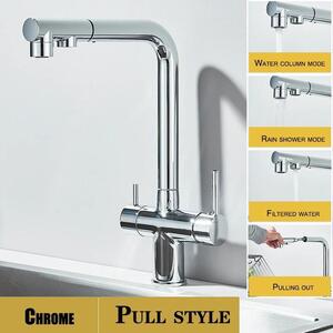 Rubinetto da cucina - Rubinetto estraibile con filtro per acqua potabile - Acqua calda e fredda - Orientabile a 360° - A due maniglie - Montaggio a foro singolo - Cromo