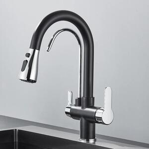Rubinetto da cucina - Rubinetto a 3 vie - Acqua filtrata - Doccetta estraibile - Orientabile a 360° - A due manopole - Ottone, cartuccia in Vetroceramica - Cromo nero