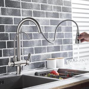 Rubinetto da cucina - Miscelatore a due manopole - Doccetta estraibile - Acqua calda e fredda - Acciaio inossidabile - Montaggio a incasso su piano - Cartuccia in Vetroceramica - Rosso bordeaux
