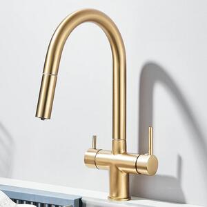 Rubinetto da cucina - Rubinetto con filtro e doccetta estraibile - Per acqua potabile filtrata - Caldo/freddo - Ottone, cartuccia in Vetroceramica - Montaggio a incasso a 1 foro - Oro spazzolato