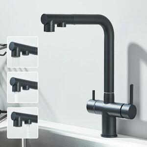 Rubinetto da cucina con filtro - doccetta estraibile - orientabile a 360° - a due maniglie - 3 vie per acqua potabile - ottone - nero opaco