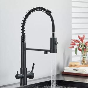 Rubinetto da cucina - Doccetta estraibile - Due maniglie - Acqua calda/fredda - Montaggio a incasso a 1 foro - Cartuccia in Vetroceramica - Ottone - Grigio scuro