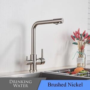 Rubinetto da cucina - Rubinetto con filtro a 3 vie - A due manopole - Bocchello orientabile - Acqua calda e fredda - Montaggio monoforo - Ottone, cartuccia in Vetroceramica - Nichel spazzolato