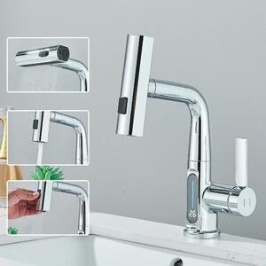 Rubinetto per lavabo - Monocomando a 1 foro - Indicatore digitale della temperatura - Bocca a cascata - Acqua calda/fredda - Cartuccia in Vetroceramica - Montaggio a filo piano - Cromo
