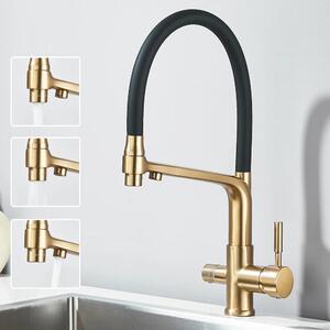 Rubinetto da cucina - Rubinetto per acqua filtrata - Doccetta estraibile - Acqua calda e fredda - Miscelatore a due manopole - Montaggio a foro singolo - Cartuccia in Vetroceramica - Oro spazzolato