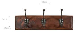 Attaccapanni da parete in legno massiccio e ferro forgiato a mano finitura noce 43x12x20 cm
